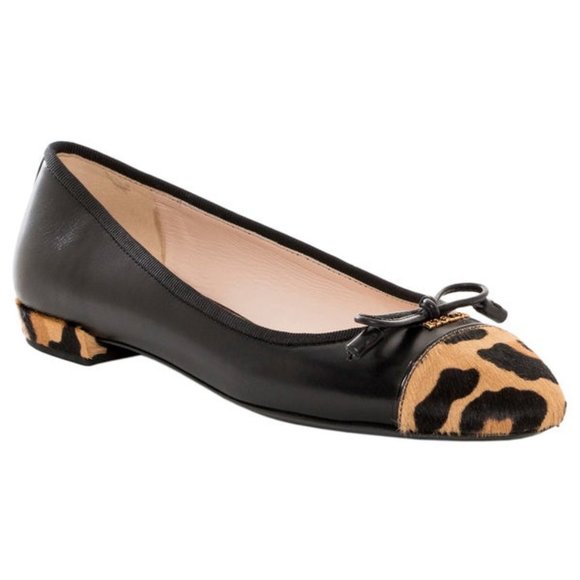 Prada Shoes - Prada Women's Black Leopard Printed Calf Hair Leather Ballet Flats Bow Tie